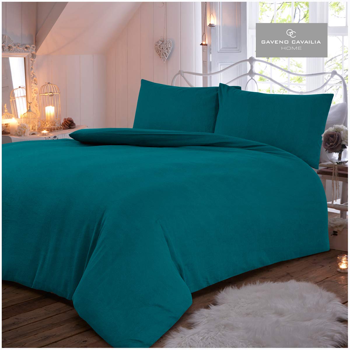Gaveno Cavailia Luxury Brushed 100% Cotton Plain Dyed Flannel Duvet Set, [ Super King - Teal ] — image 1