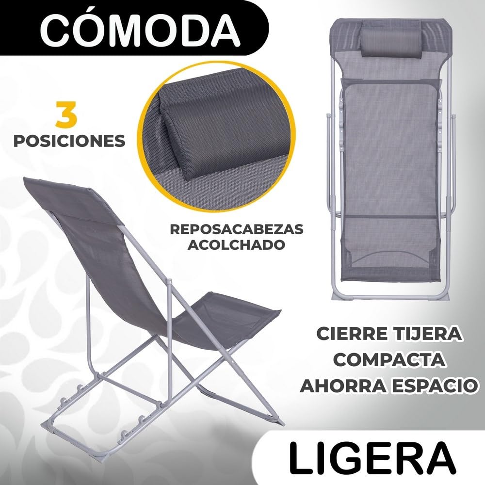 LOLAhome 2 sillas Camping jardín y terraza Plegables Cierre Tijera de Acero con Epoxi anticorrosión y textileno Reforzado Grises