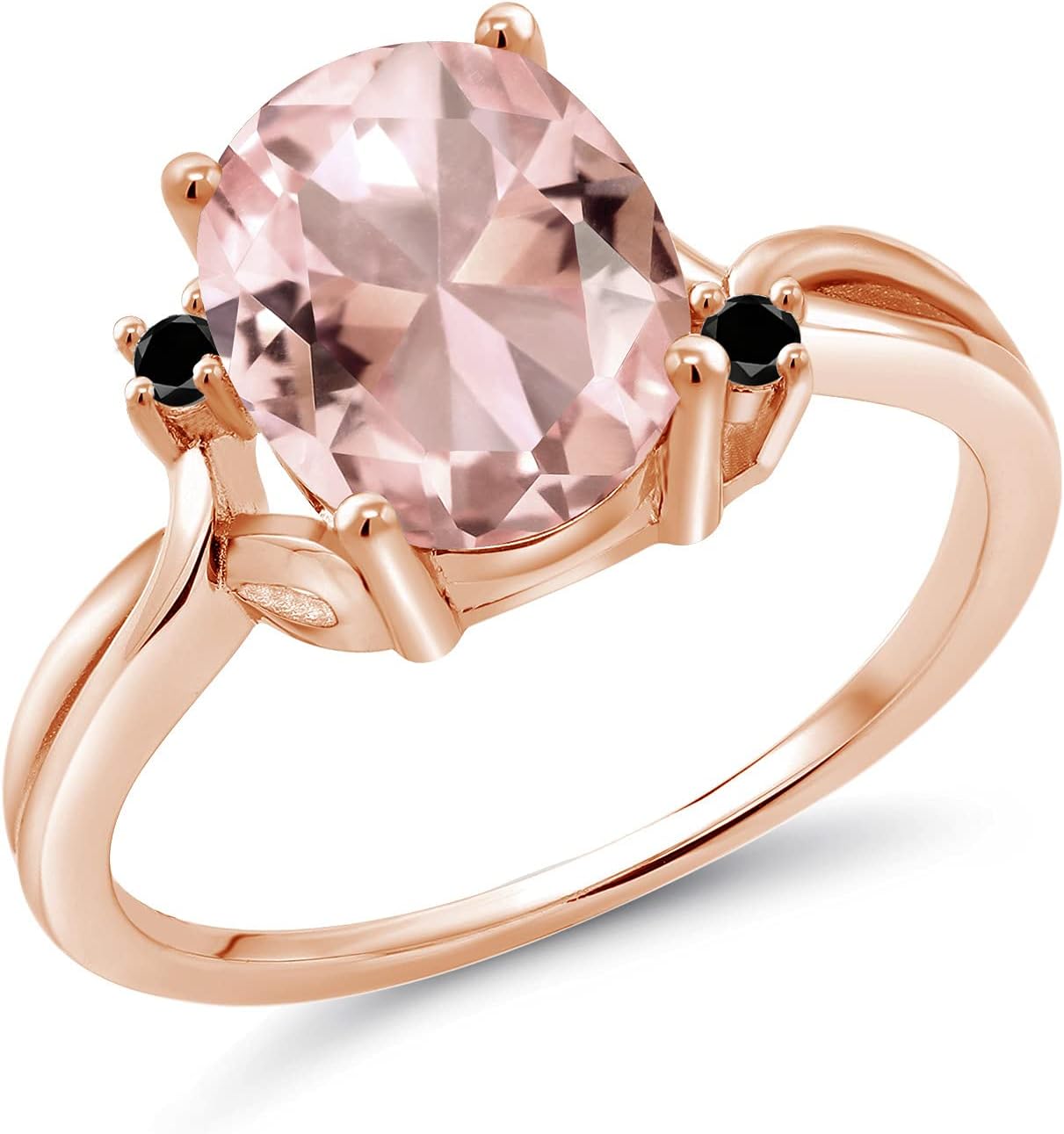 Gem Stone King 18K Rose Gold Plated Silver Peach Nano Morganite and Black Diamond 3 Stone Ring For Women (2.35 Cttw, Oval 10X8MM, Gemstone October Birthstone)