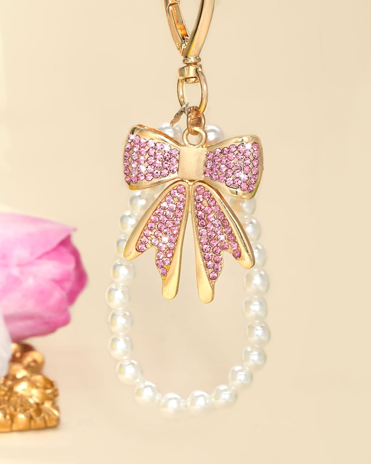 Bow Keychain Bow Bag Charm Purse Charms for Handbags Rhinestone Bowknot Keychains With Pearl Chains Cute Keychains - Image 3