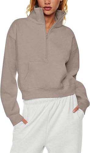 Miniatura 2 de Sudadera corta con media cremallera para mujer, manga larga, forro polar, con cremallera de un cuarto, cuello alto, hombros caídos