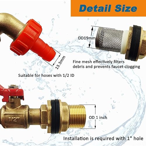 Miniatura 3 de Kit de espita de barril de lluvia, grifos de latón para exteriores, espita de agua, incluye filtro, montaje de mamparo y arandelas, para barril de