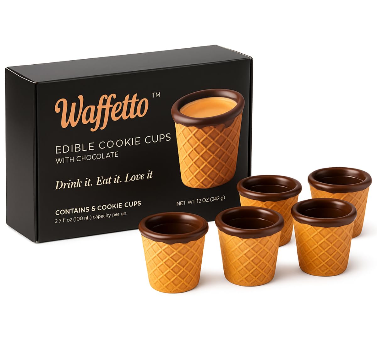 Waffetto Edible Coffee Cups - Chocolate-Lined Cookie Cups, 2.7 fl oz, Gift Box of 6 for Espresso, coffee cup