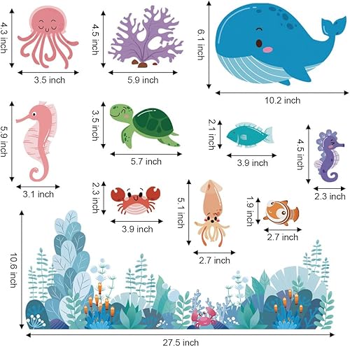 Miniatura 7 de Supzone Calcomanías de pared bajo el mar, calcomanías de pared de criaturas oceánicas, delfín, tortuga, océano, hierba, vida marina, colorido,
