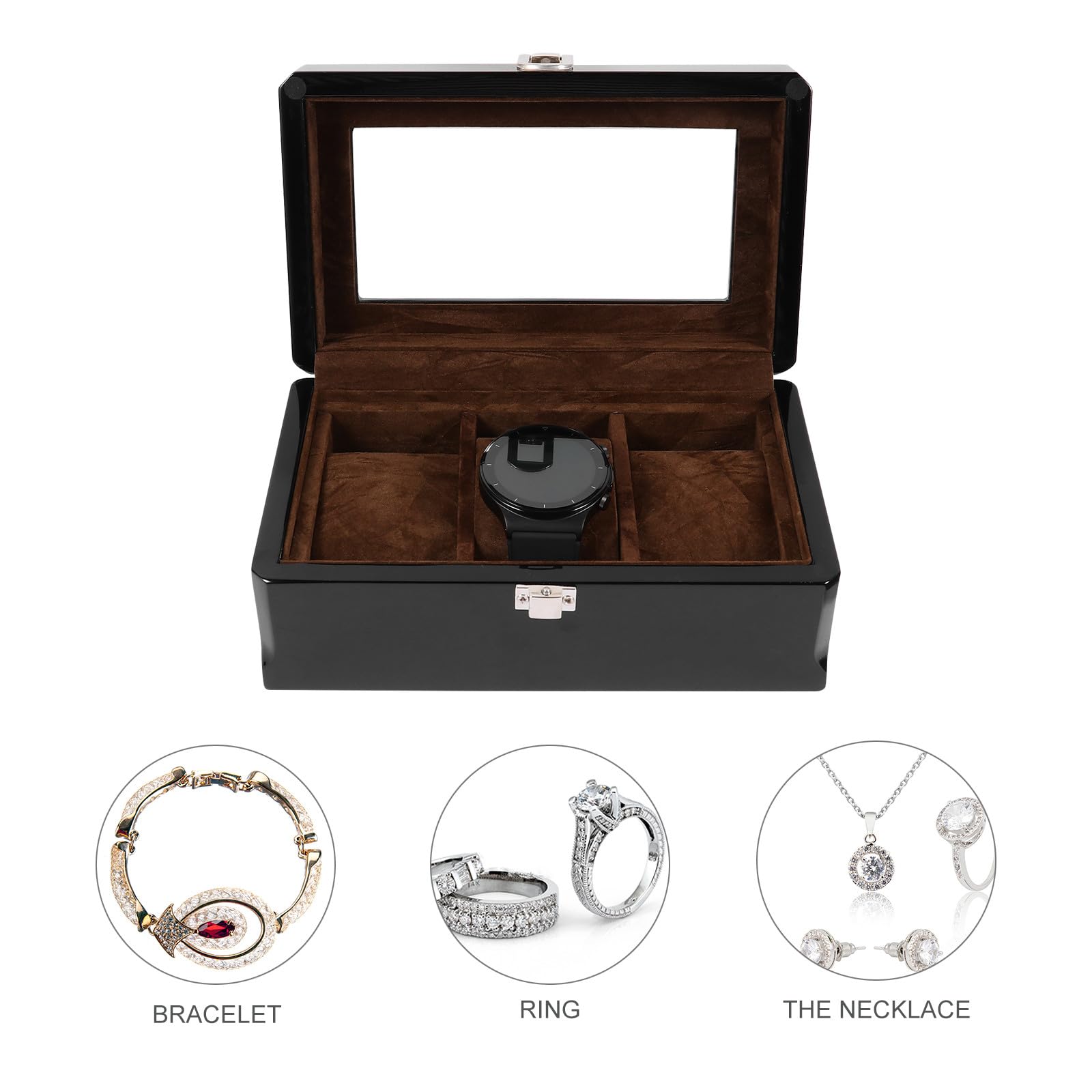 Ciieeo Holzkern Uhrenbox Schmuckkasten mit Sichtfenster Edle Aufbewahrungsbox für Uhren Armbänder und Ringe Holzschatulle für Damen und Herren Schmuckpräsentation und Schutz