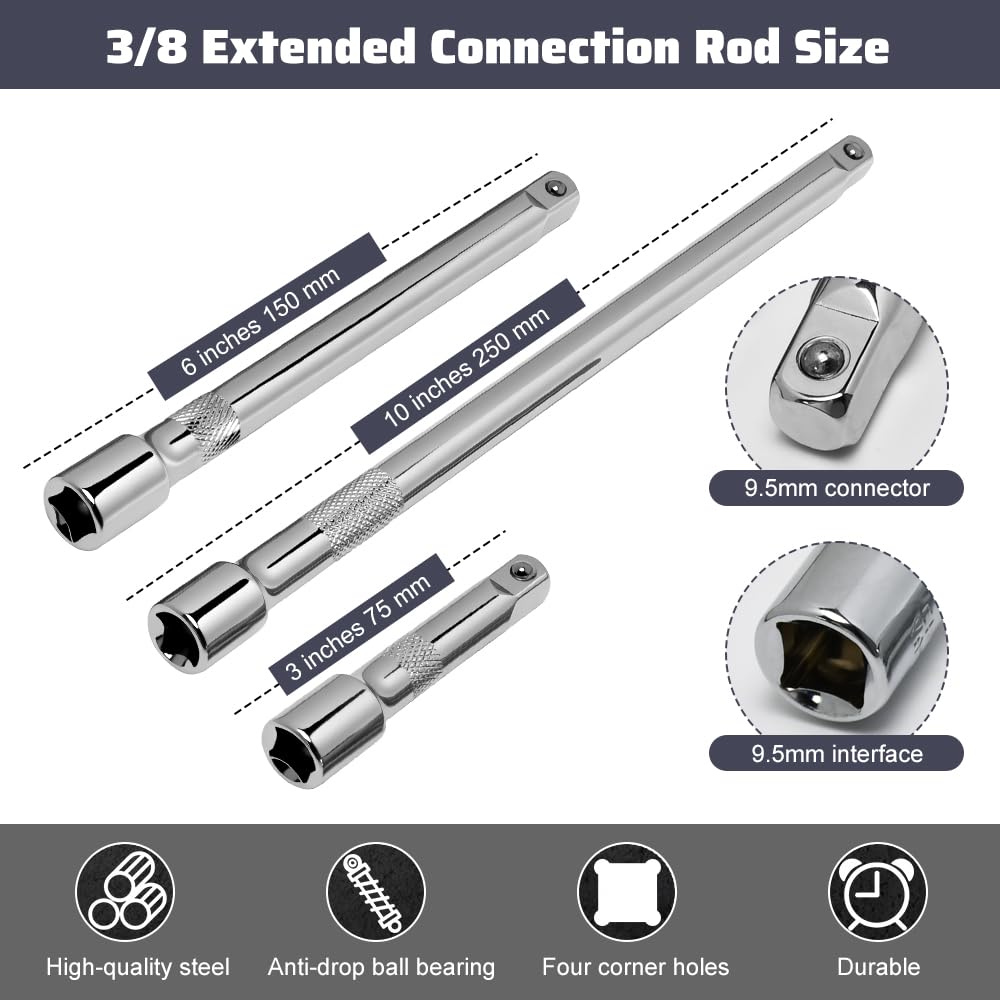 3 Pezzi Set Di Chiavi a Bussola, Prolunga Chiave a Cricchetto3/8, Bussole Per Avvitatore Da 75 Mm, 150 Mm,250mm, Barre Di Prolungamento Chiave a Cricchetto In Acciaio Al Cromo Vanadio
