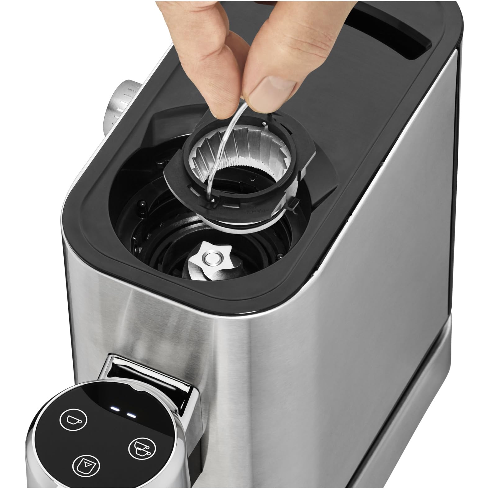 WMF Lumero elektryczny młynek do espresso 150 W, przyciski dotykowe LED, 40 stopni mielenia, pojemnik na kawę, stal nierdzewna Cromargan matowa