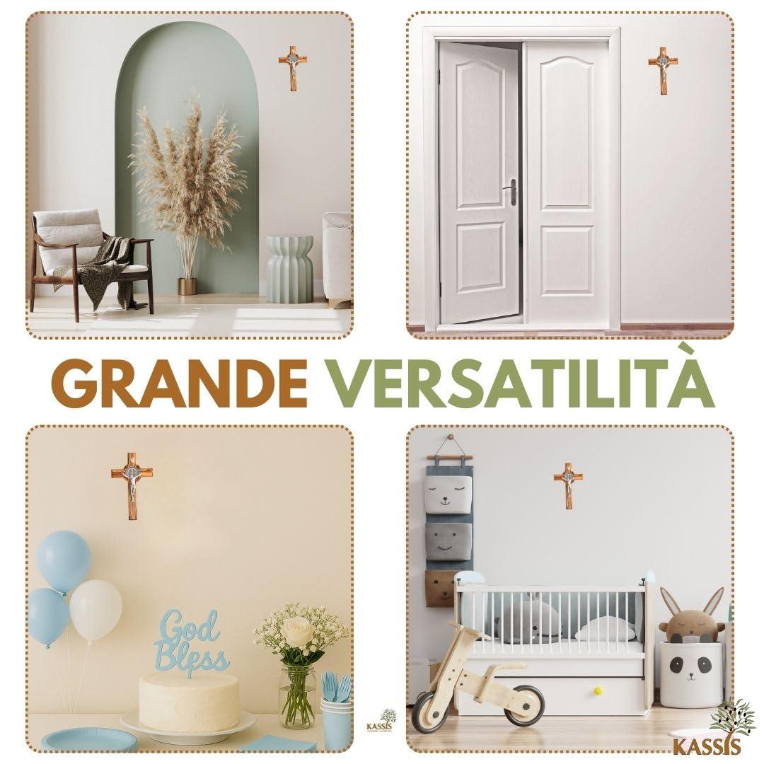 KASSIS Crocifisso di San Benedetto fatto a mano - Croce da parete in legno d'ulivo 16 cm - Regalo per nascita, battesimo, cresima e comunione - Decorazioni religiose per la casa