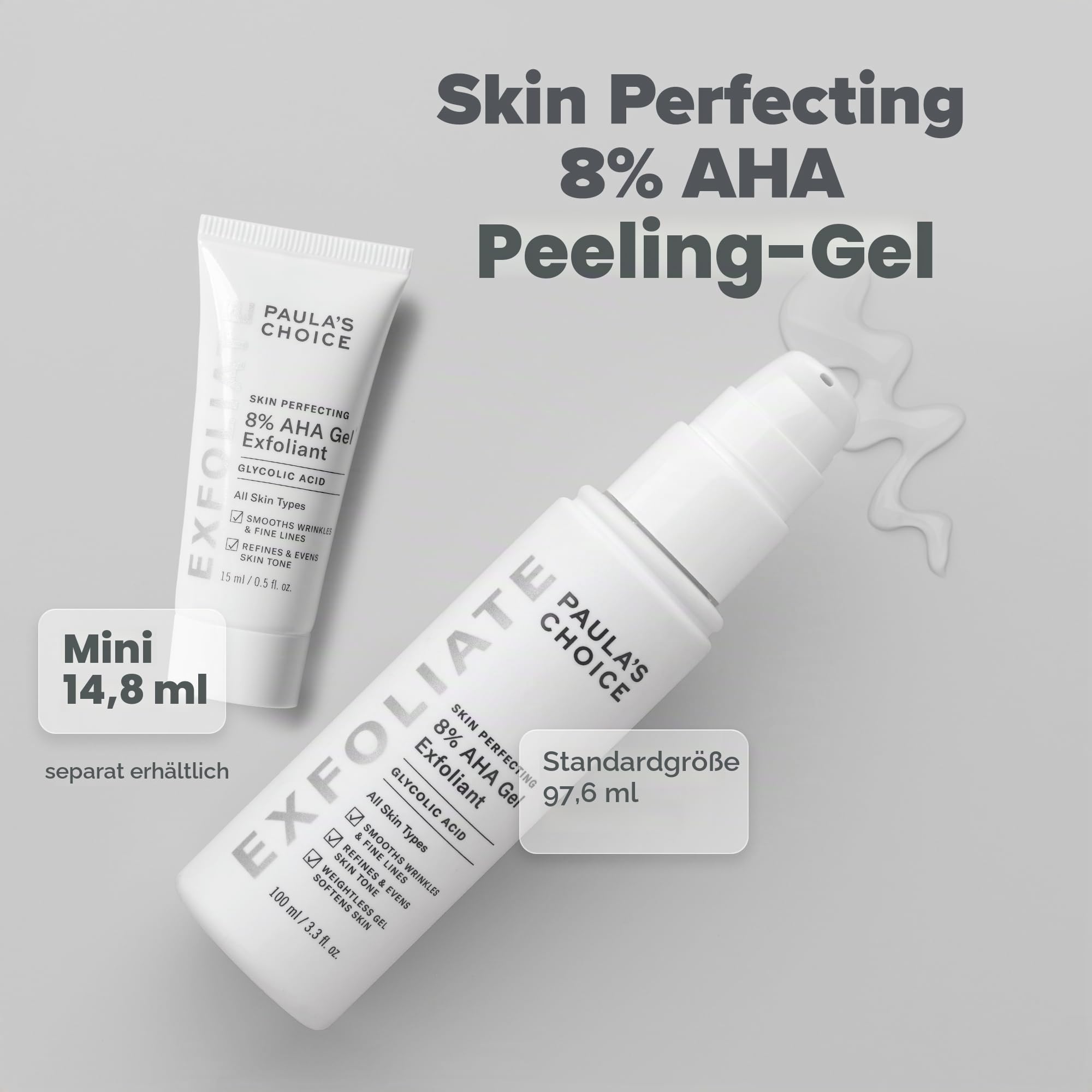 Paula's Choice Skin Perfecting 8% AHA Gel Peeling - Fruchtsäure Exfoliator für Gesicht mit Glycolsäure - Minimiert Falten, Pigmentflecken & Pickelmale - Alle Hauttypen - 100 ml