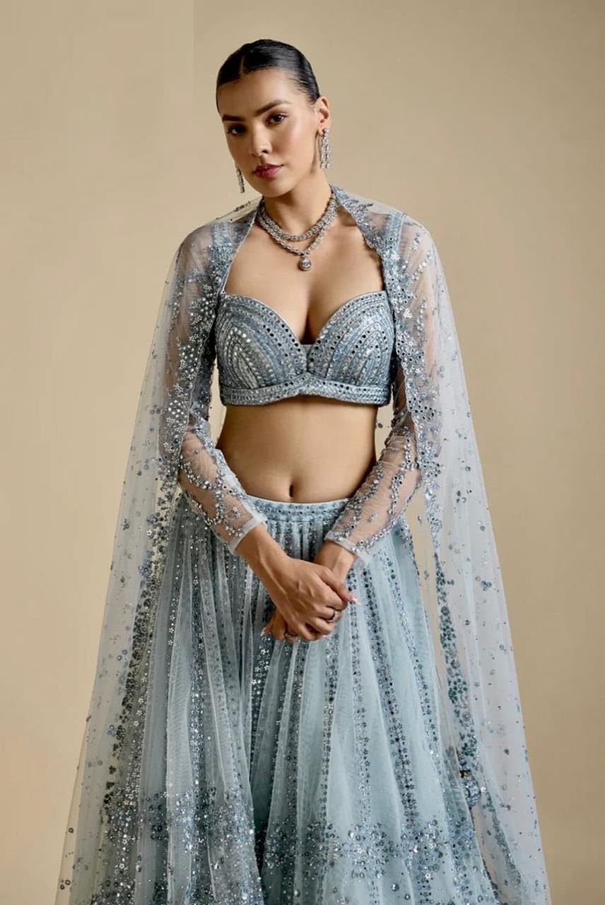 Hochzeitskleidung Lehenga Netz mit Sequenzarbeit Lehenga Choli Set 15851