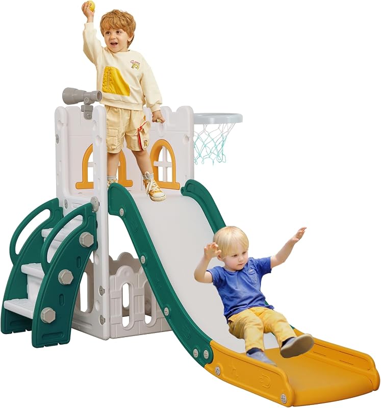 6 in 1 Toddler Slide,Kids Climber Slider for Indoor Outdoor Playground with Basketball Hoop,Storage and Telescope,L Shaped Slide for Toddler Climber Playset