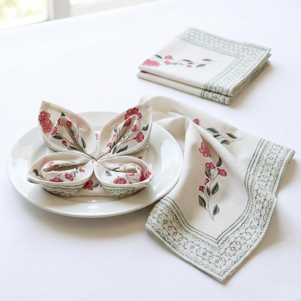 NIRVELLA Block Print Cloth Napkins Set of 6 - Washable Reusable Dinner Napkin, Spring Summer Floral Farmhouse Table Collection - 100% Cotton Linen Hand Crafted Napkin - Pink & White - 20x20 Inch 4