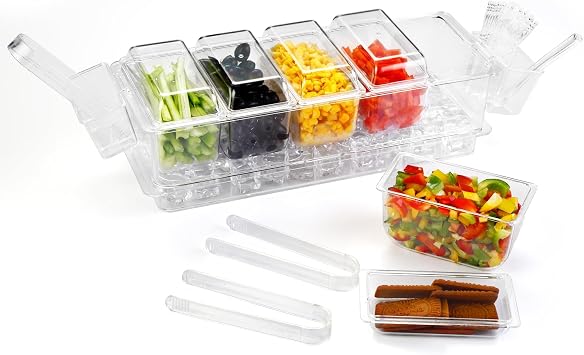 Ice Chilled Condiment Caddy Organizer with Detachable Ice Box & Side Bins, 5 Removable 2.5 Cup Containers with Lids, Clear Garnish Tray Server for Taco Bar, Mimosa, Fruit, Salad, Buffet BPA-Free