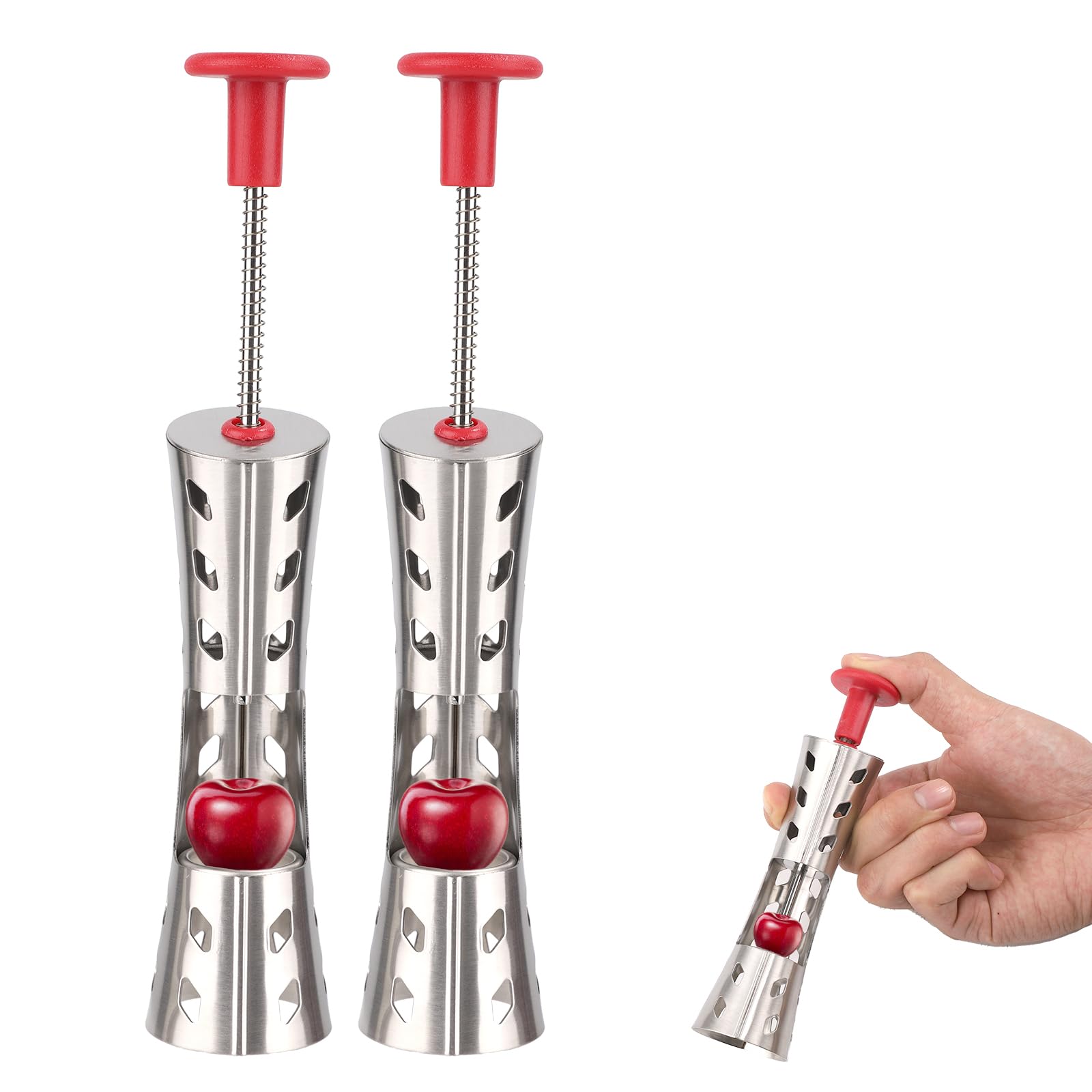 2pcs Cherry Pitter Tools, Stainless Steel Olive Stoner and Cherry Pitter Multi-Functional Cherry Seed Remover Fruit Pit Remover Press Type Kitchen Tool for Making Cherry Jam (Red)