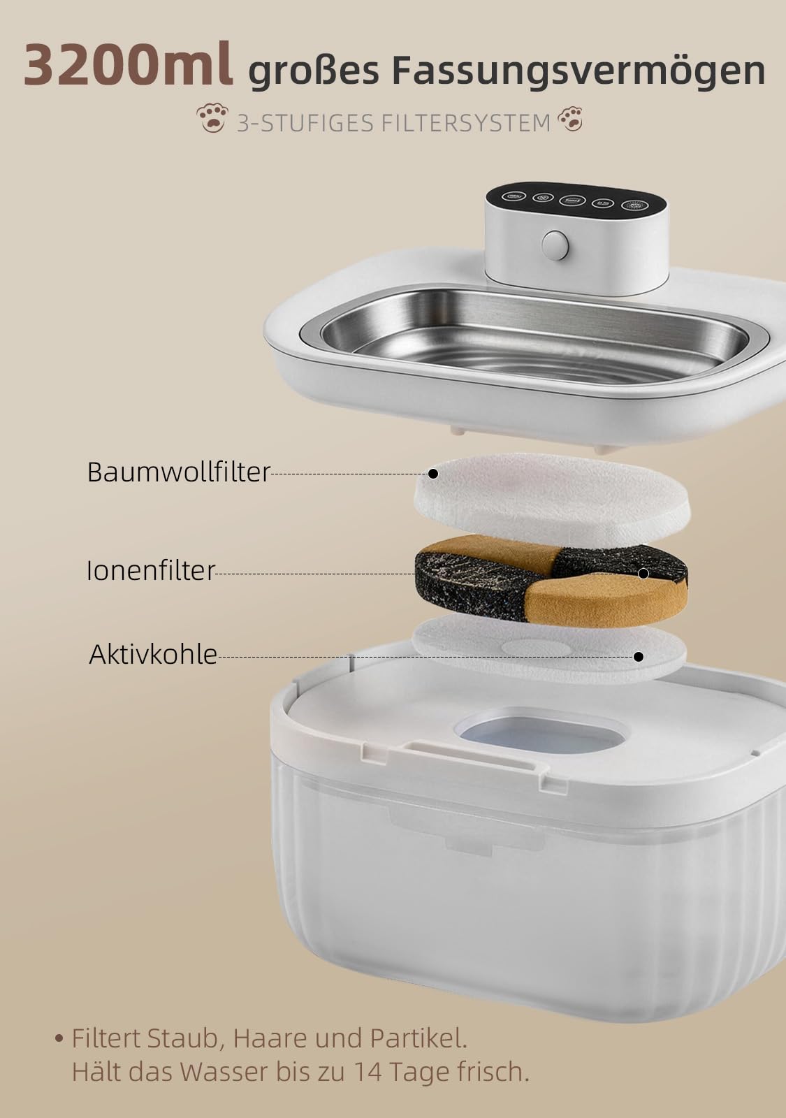 Katzenbrunnen Kabellos mit Bewegungsmelder 3.2L, 4000mAh Akku Trinkbrunnen für Katzen Edelstahl, Ultra-Leise Pumpe, Automatischer Wasserspender Katze, Hundetrinkbrunnen Filter, Weiß