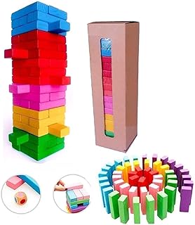 PRIME DEALS Wooden Blocks 54 Pcs 2 Dice Building Blocks Game Challenging Wooden Tumbling Tower, Wooden Stacking Toys with Dices Board Educational Puzz