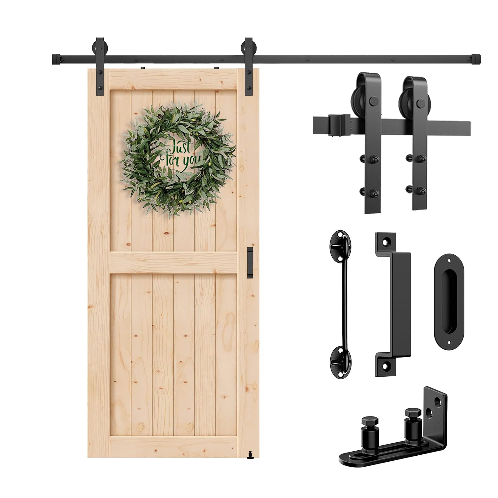 Arti-Life Barn Door Hardware Kit 5 FT Heavy Duty Sliding Door Track Kit with Floor Guide and 2 Handles, Smoothly Hardware Kits for Interior and Exterior Fit 28"-30" Wide Door Panel (J Shape Hanger)