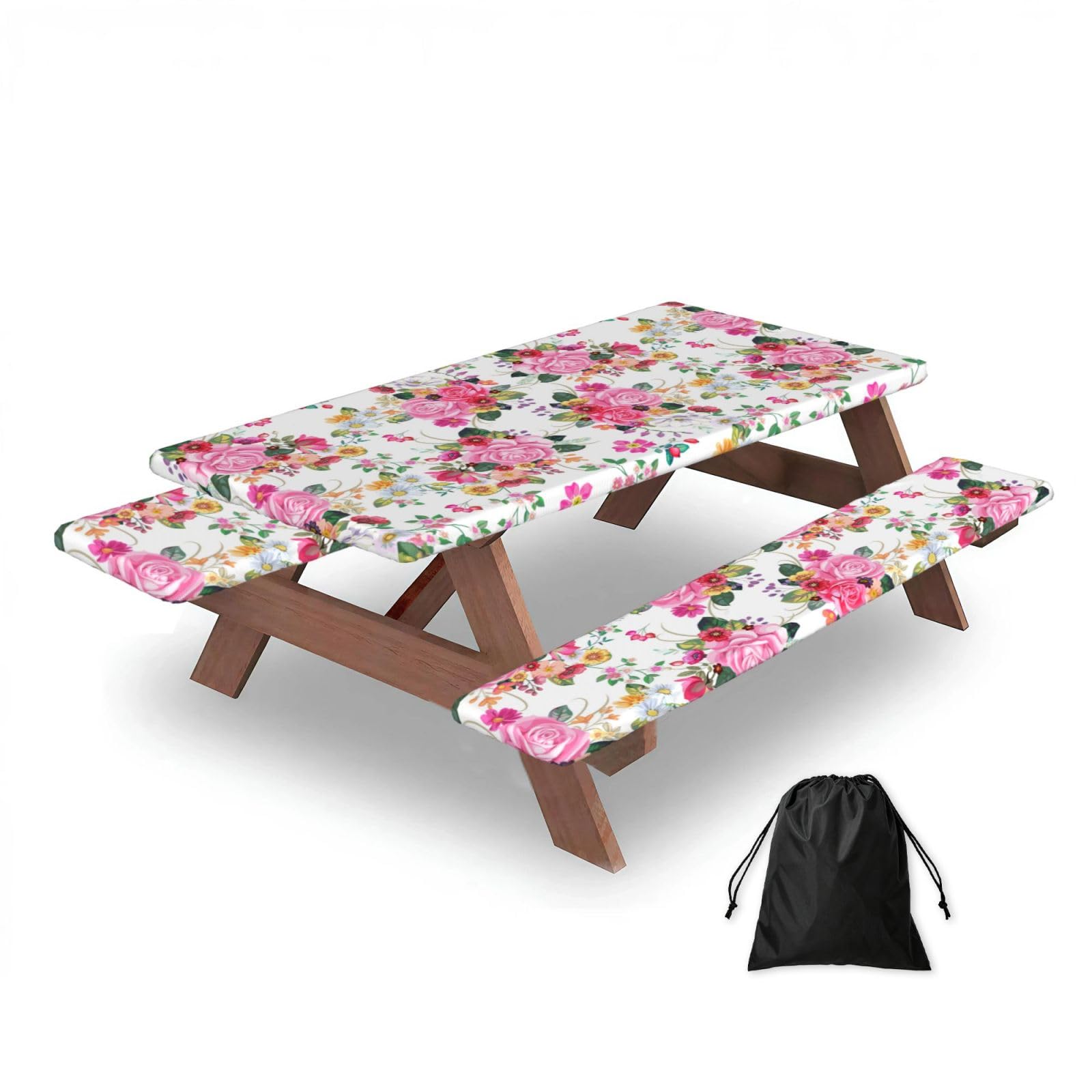 Dopklna As Picture Vintage Bouquets Flower, Picnic Table Cover With Bench Covers -Waterproof Elastic Fitted Tablecloth For Garden Camping Patio 76X152cm