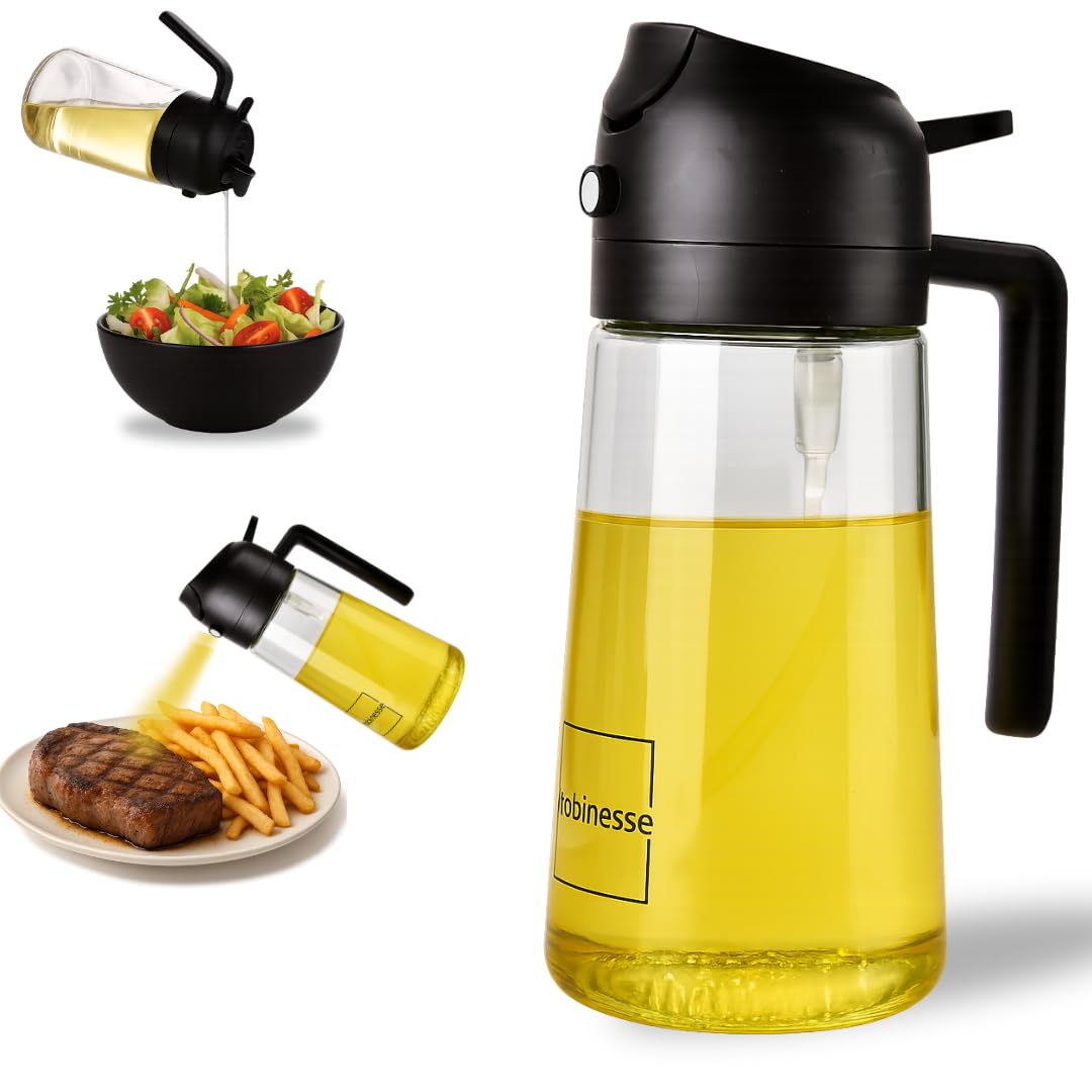Pulverizador y dispensador de aceite 2 en 1, con botella de vidrio de aceite de oliva para cocinar, y convertirlo en freír al aire, ensalada, barbacoa y hornear, color negro