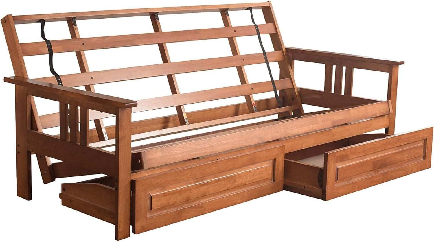 HomeStock Modern Muse Wood Futon Frame Set with Storage Drawers, Classic Style with Mission Style Arms with Solid Pattern with Foldable Feature for Lounge Room with Tight Back Frame Only/Barbados