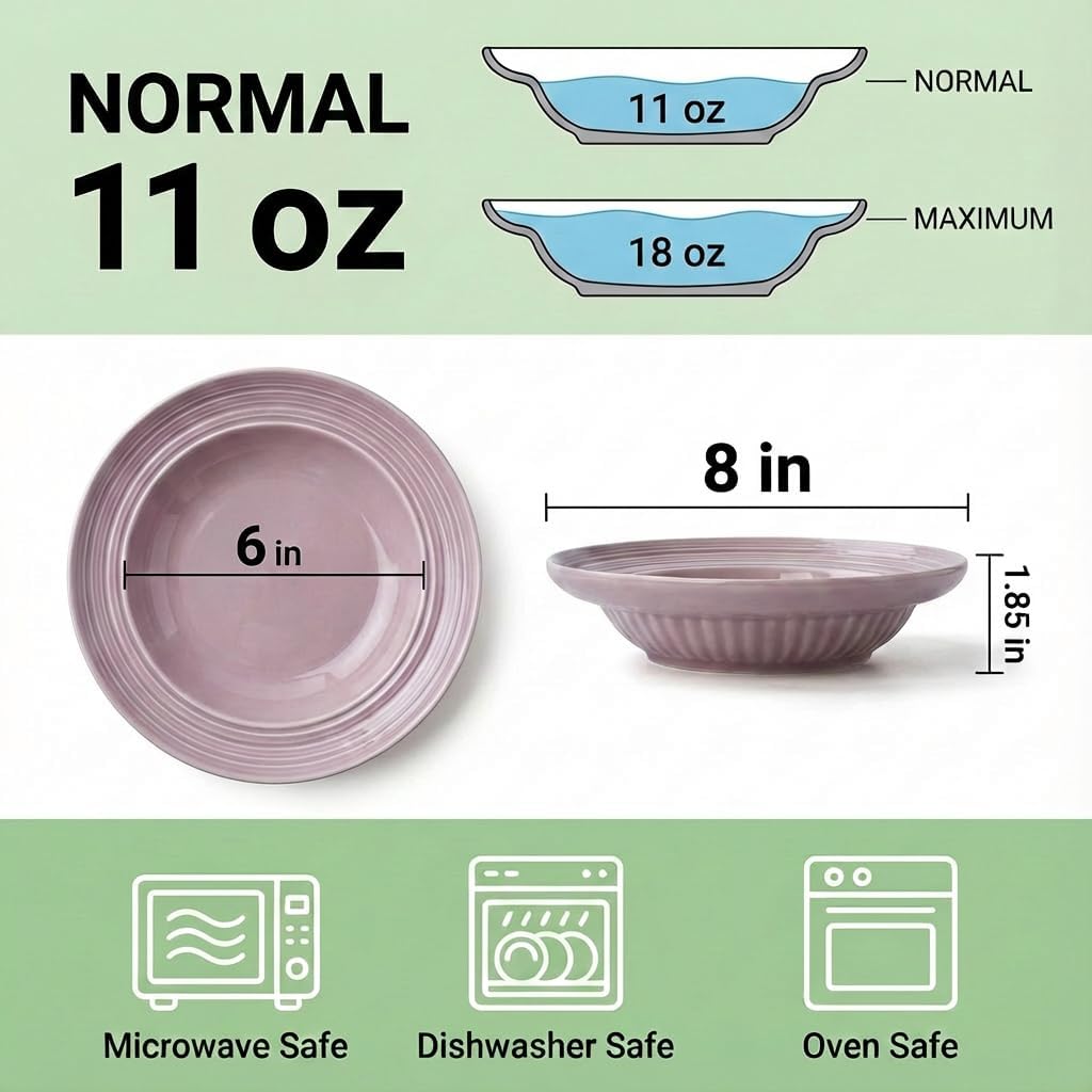 White Bone China Pasta Bowls (25.7oz) + Purple Ceramic Soup Bowls (11oz) Bundle | 8-Piece Dinnerware Set for Salad, Pasta & Soup, Microwave Safe