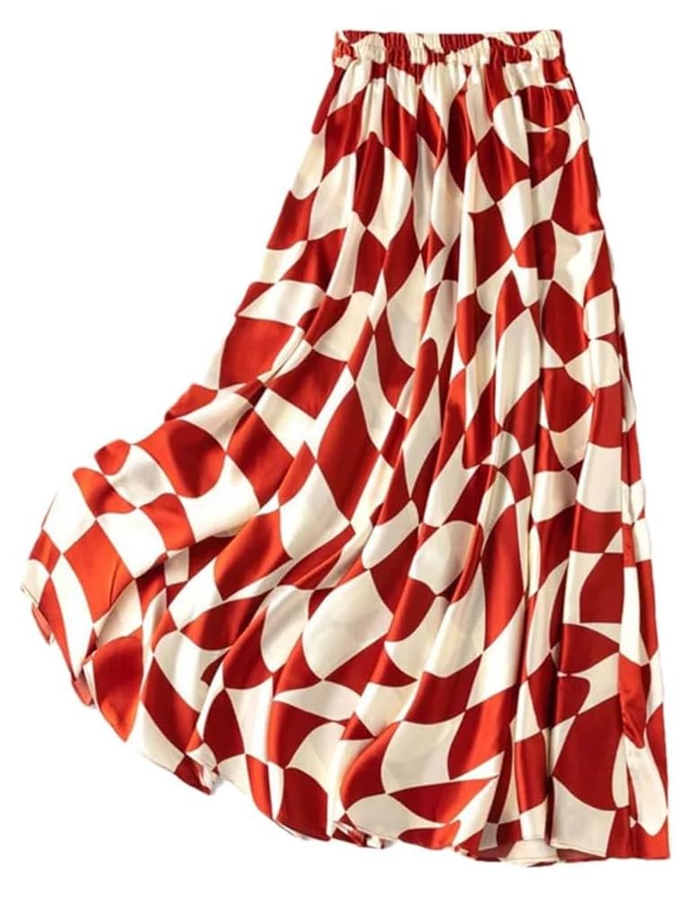 Women's Mulberry Silk Plaid Midi A-Line Skirt with Elastic Waist Satin Casual Skirt