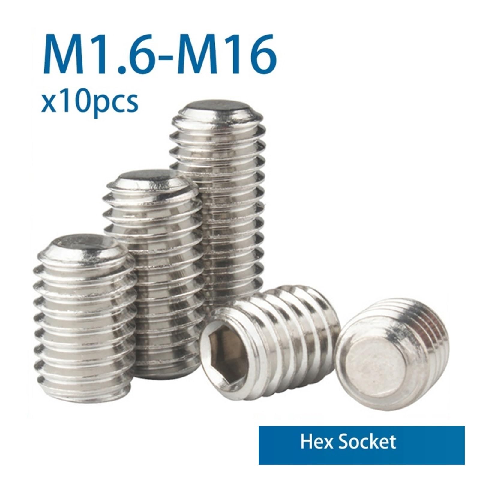 Tornillos de fijación hexagonales de cabeza ciega, Paquete de 10 tornillos de cabeza hexagonal con punta plana sin cabeza de acero inoxidable M1.6-M16(35mm,M16)