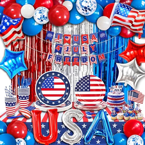 Party Spot! 272 pcs 4th of July Birthday Party decorations,16 Tableware Sets,“USA” Balloons, Paper Plates, Patriotic Party Decorations, Independence Day Party Decoration, Tablecloth, Flag