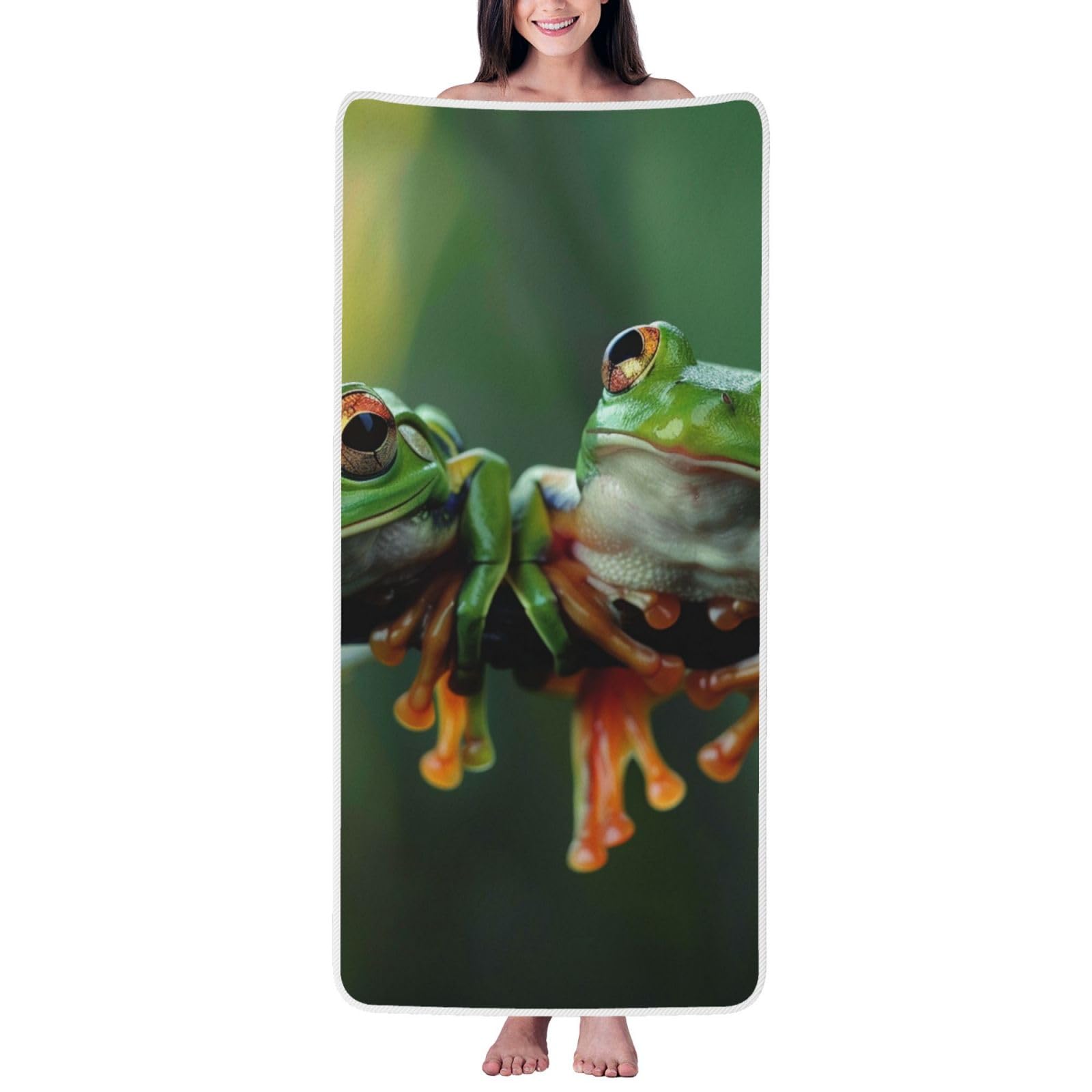 WPKJU Funny Frogs Printed Bath Towel with White Edging - 27x55 in Soft Extra Absorbent Coral Velvet Shower Towels for Bathroom