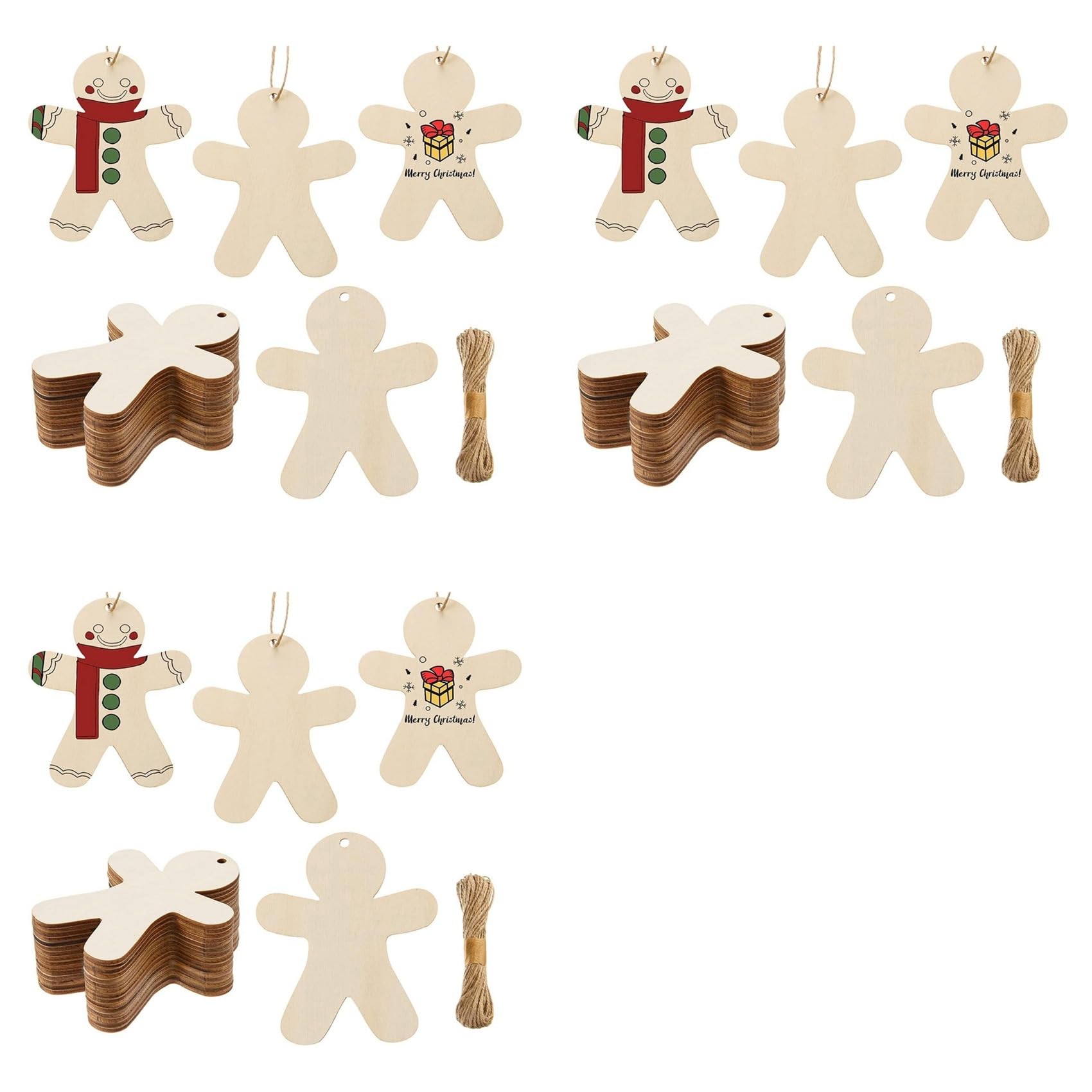 Vjsujehgy 150PCS Unfinished Wood Gingerbread Man Ornaments Cutouts Blank Wood Gingerbread Men Hanging Decor with Twine