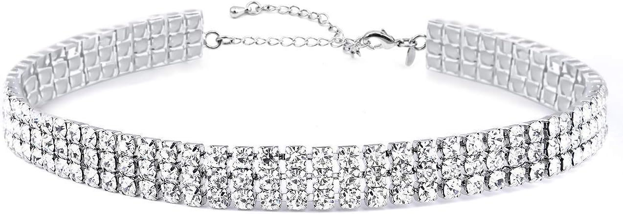 Zealmer 3 Row Rhinestone Choker Necklace for Women 18K Gold Plated