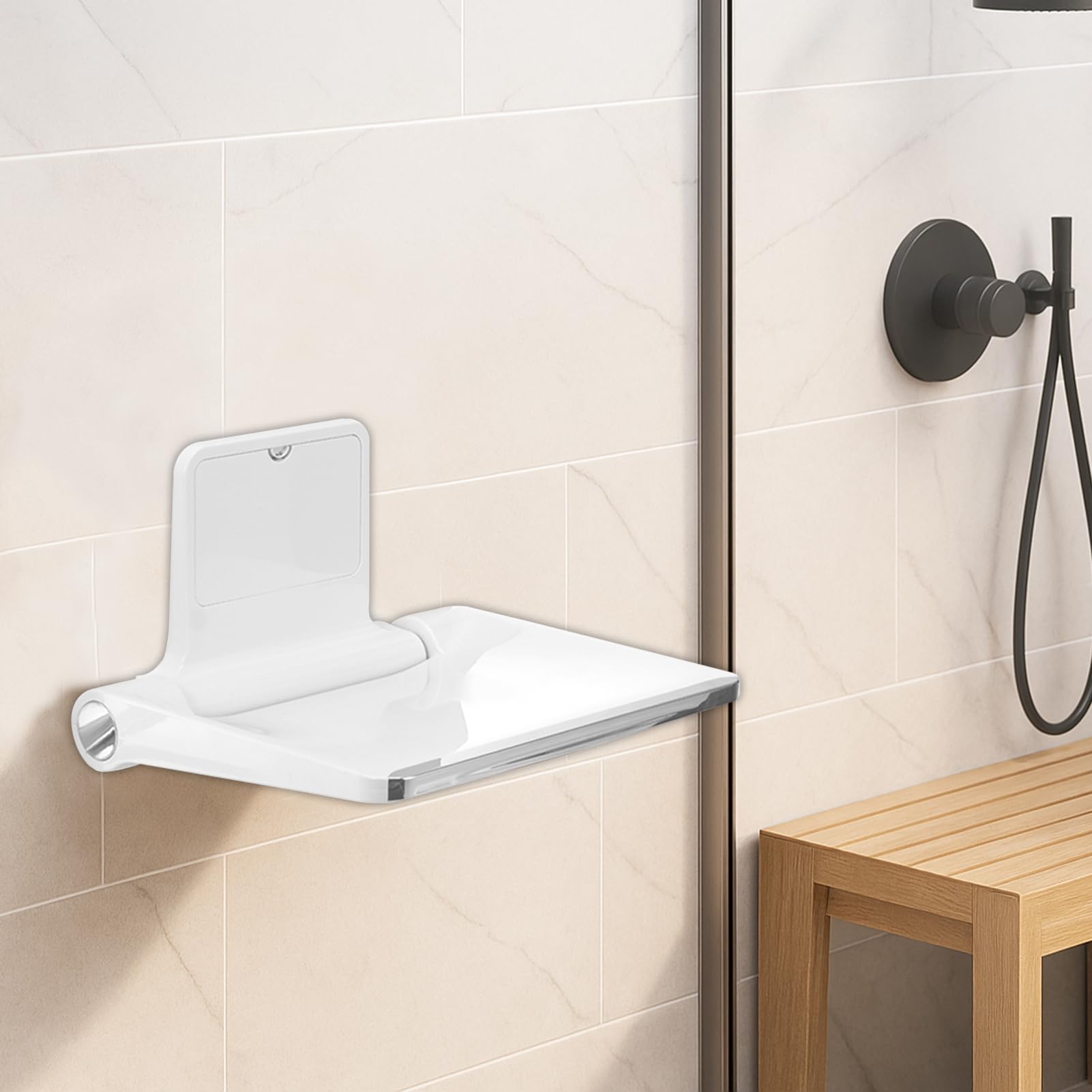 Asiento de Ducha Abatible Grueso con Respaldo de Pared - 200kg Capacidad Antideslizante, Silla Plegable para Personas Mayores, Blanco