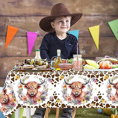 Image of CMUSKO 3Pcs Highland Cow Tablecloths-Brown Cow Print Baby Shower Decorations Western Highland Cow Disposable Rectangular Plastic Table Covers Cow Print Birthday Party Supplies