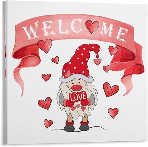 Lienzo impreso con texto en inglés Happy Valentine's Day para decoración de San Valentín, gnomo rojo y rosa, corazones de amor, arte de pared listo