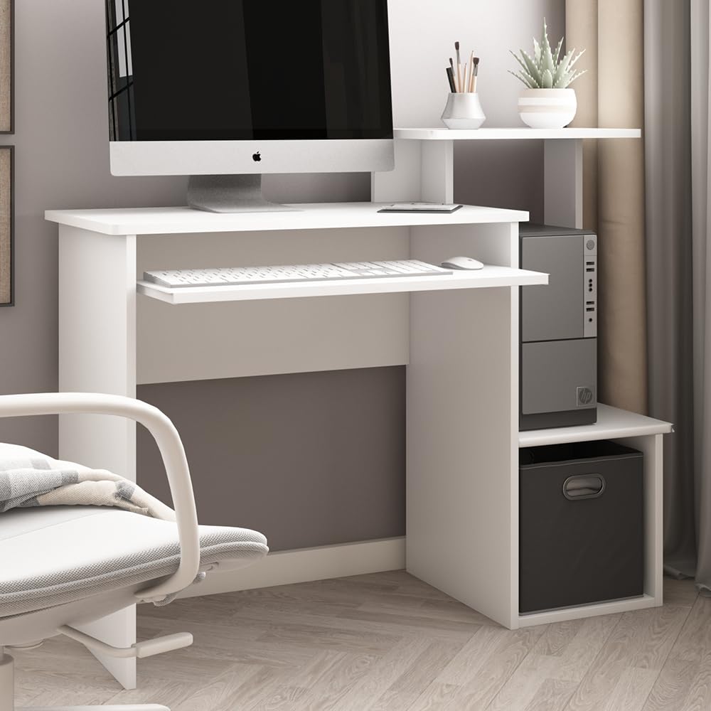 Vicco Bureau Karl, Blanc, 106x40cm | avec compartiments ouverts et plateau clavier coulissant