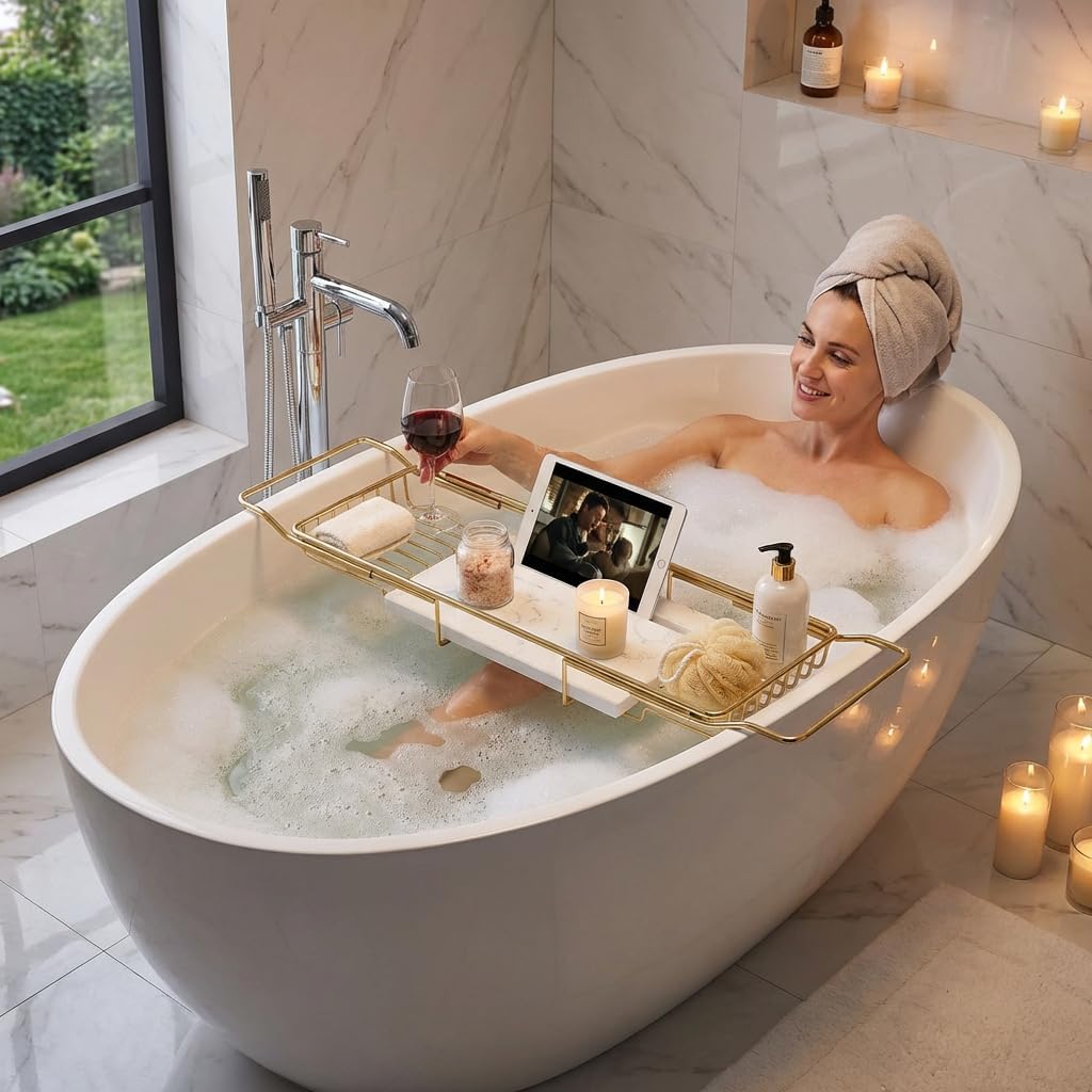 Bathtub Tray Caddy for Luxury Bath, Stainless Steel 26.8-35.4 in Expandable Extra Wide Bath Tub Tray with Natural Marble and Mobile/Tablet Stand, Ideal for Home Spa Lovers (Gold + White)