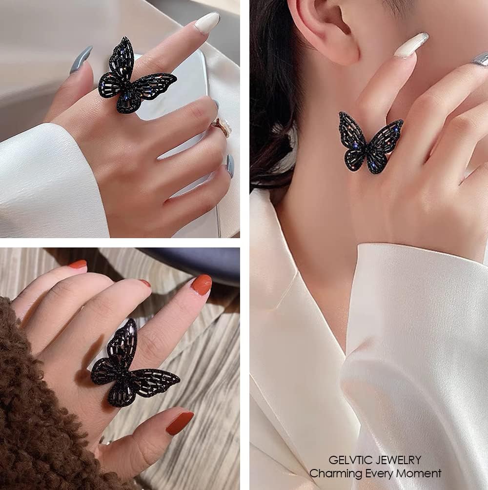 Butterfly Rings for Women Girls Adjustable Golden Cocktail Ring Sparkly Stones Statement Silver Bow Open Wrap Bow Jewelry Bridesmaids Wedding Valentine’s Day Gift Lover Mother - Image 4
