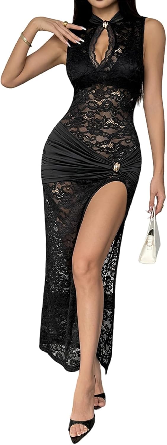 OCUH Black Lace Dress Sheer Maxi Dresses Sexy Outfit for Women Going Out High Slit Skirt Bodycon Vacation Party Wear - Image 2