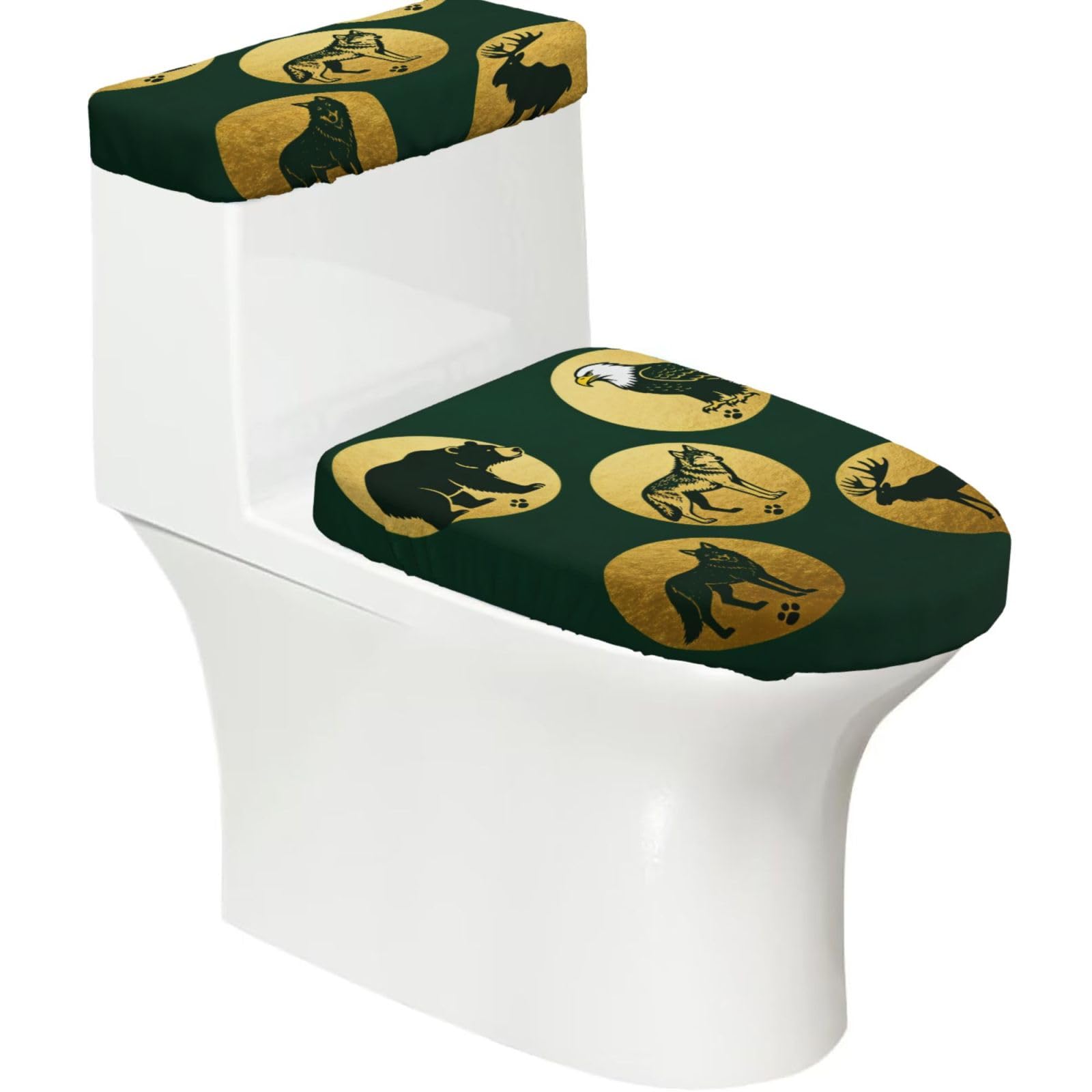 Cntdbu Black Animal Silhouettes Elastic Toilet Cover Set Of 2-Stretchy Lid And Tank Covers For Bathroom, Soft Washable U Shape Toilet Decor