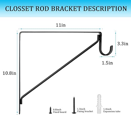 Miniatura 2 de 4 soportes negros resistentes para barra de armario de 11 x 11 pulgadas, estante de 1-3/8 pulgadas de diámetro y soporte de barra para decoración