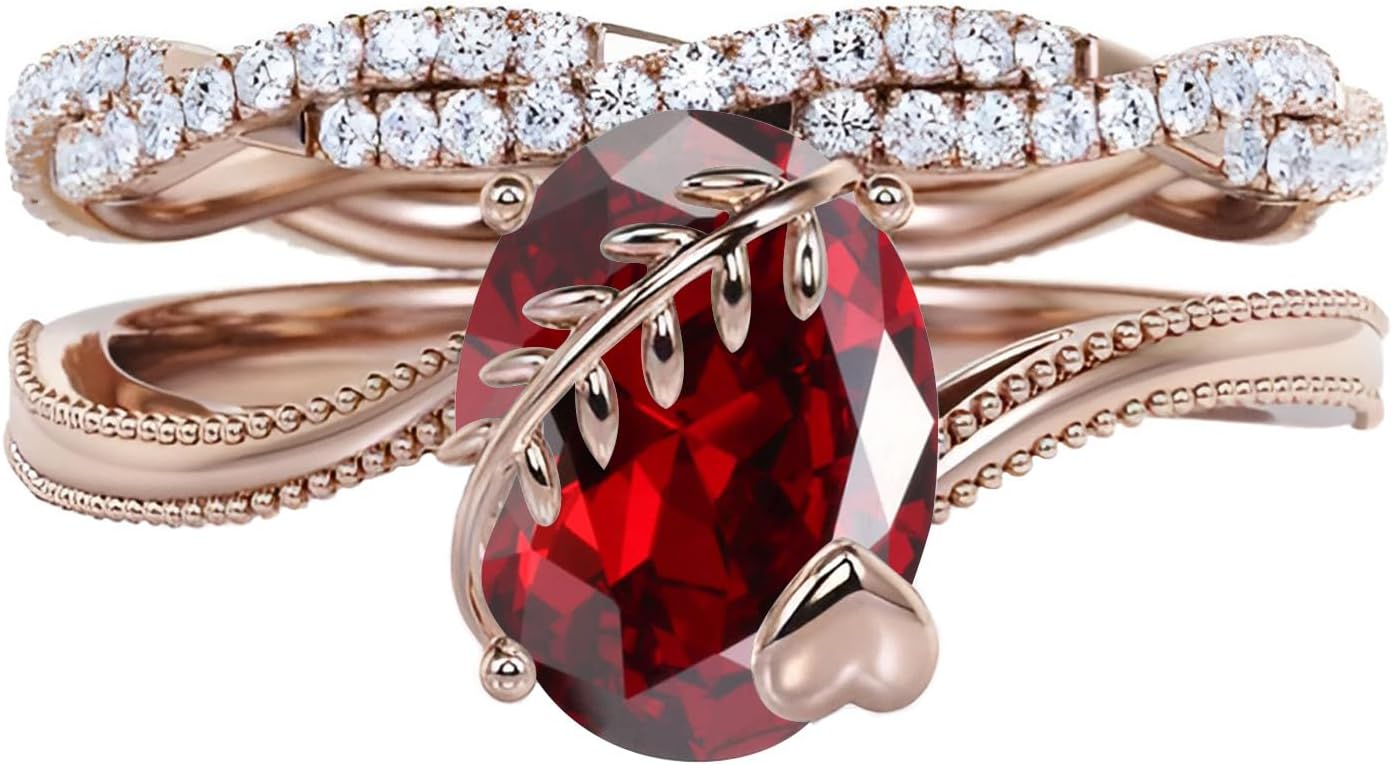 2Carats Oval Cut Engagement Rings Set for Women Silver 10K 14K 18K Gold Leaf Gemstone Unique Promise Wedding Anniversary Ring Set with Delicate Gift Box Size