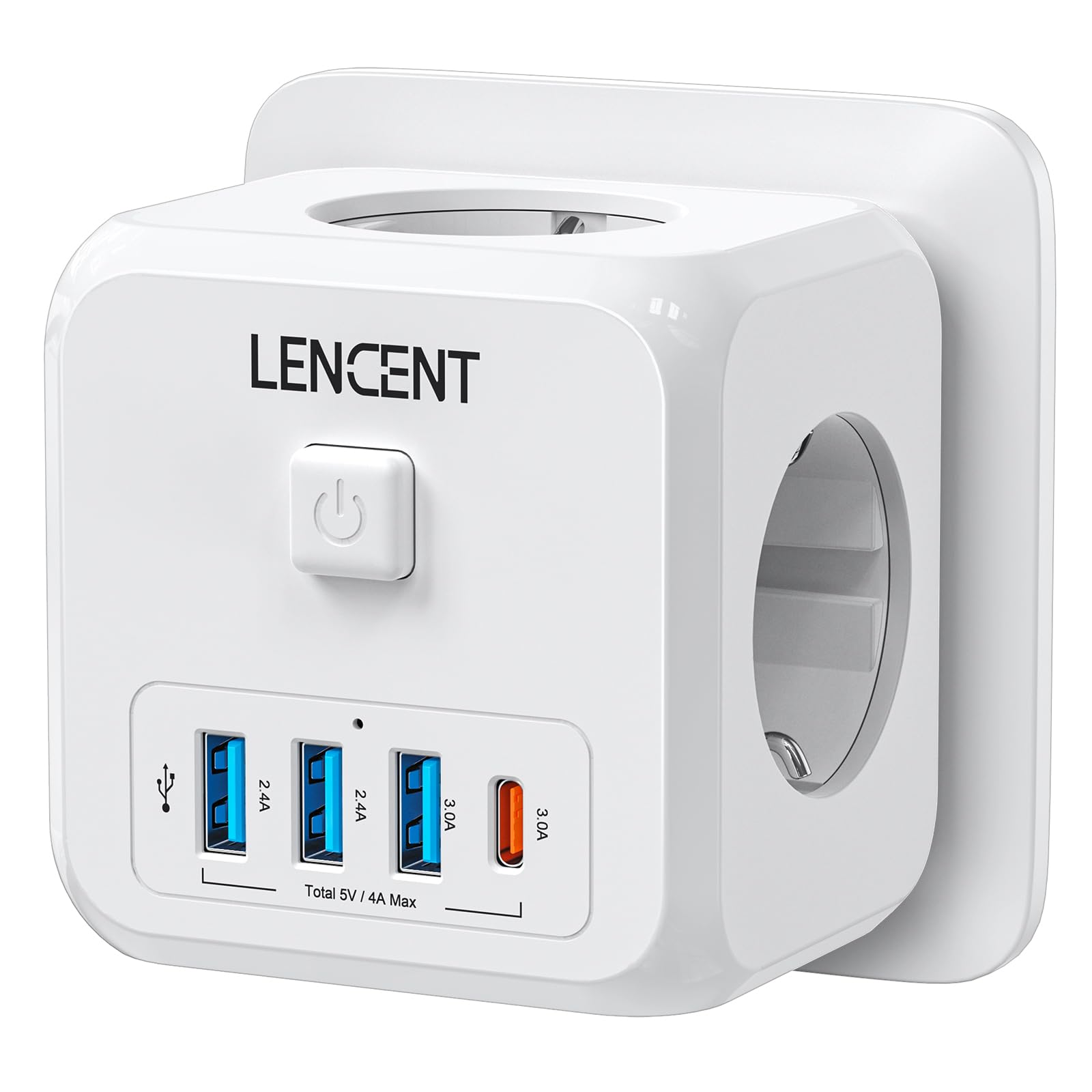 LENCENT Cubo Enchufe USB 7 en 1, Ladron Enchufes 4000W, Triple Múltiples Pared con 3 Tomas de CA, 3 USB-A, 1 Tipo C y Interruptor, Cargador Regleta Pared para Oficina, Cocina y Habitación