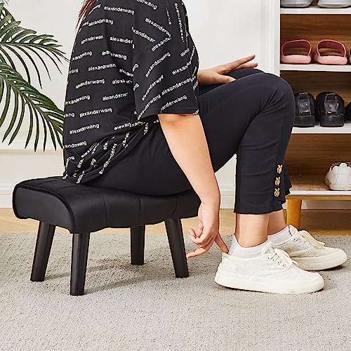 Cpintltr Velvet Wooden Step Stool for Adults Velvet Upholstered Small Ottoman Foot Rest Stools Modern Rectangle Foot Stool Pouf Ottoman Sofa Footrest for Couch Chair Living Room Easy Assembly Black