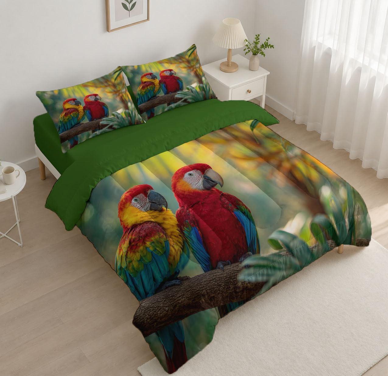 3 Piece Quilts King Size Bedding Set, Red Lightweight Bedspread, Soft Microfiber, Parrot Palm Leaf Pattern for All Season Bed Coverlet with 2 Pillow Shams, 104"X90"