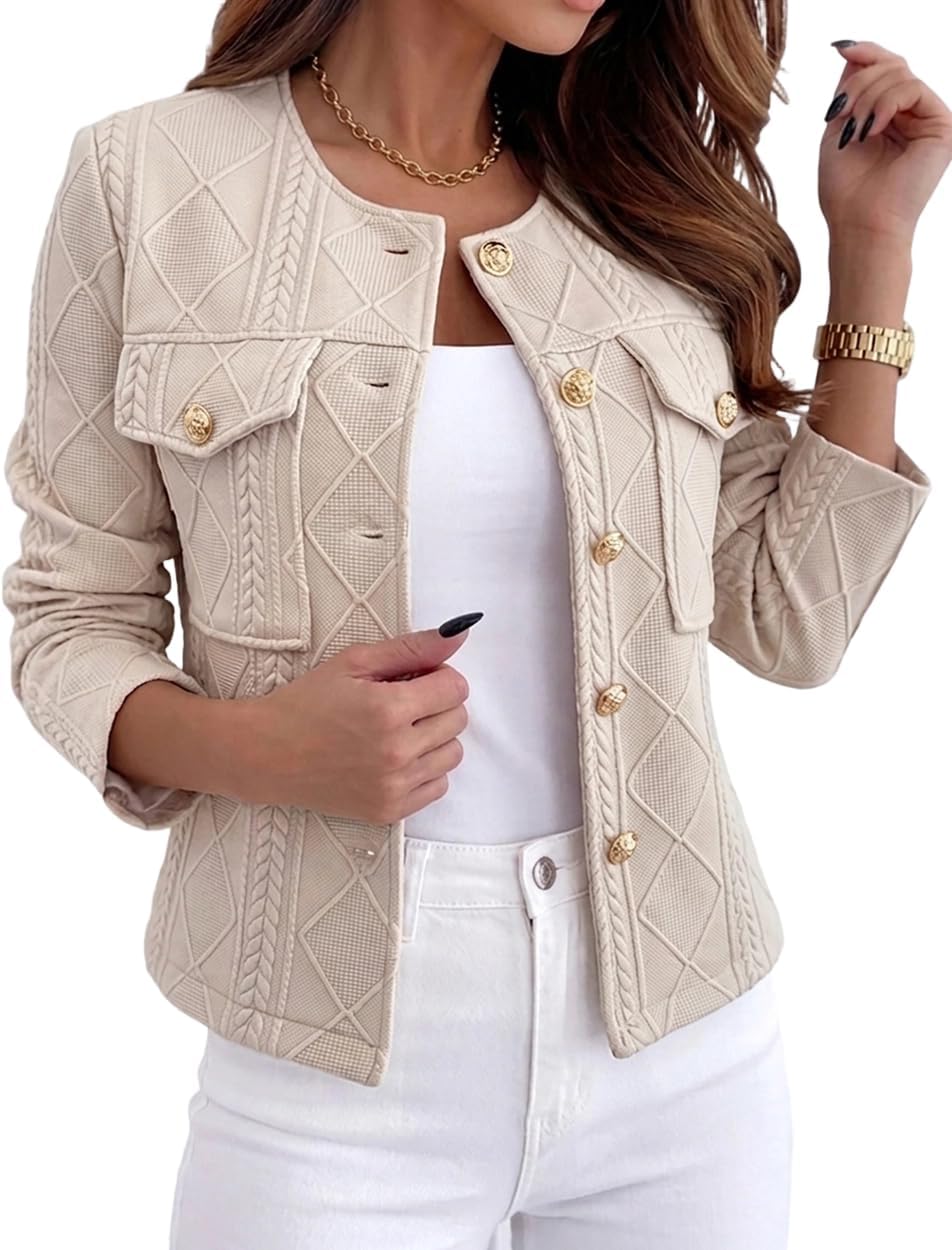 CHICME Womens Bomber Jacket Short Argyle Cable Cardigan Long Sleeve Casual Crew Neck Coat Metal Button Down Jacket