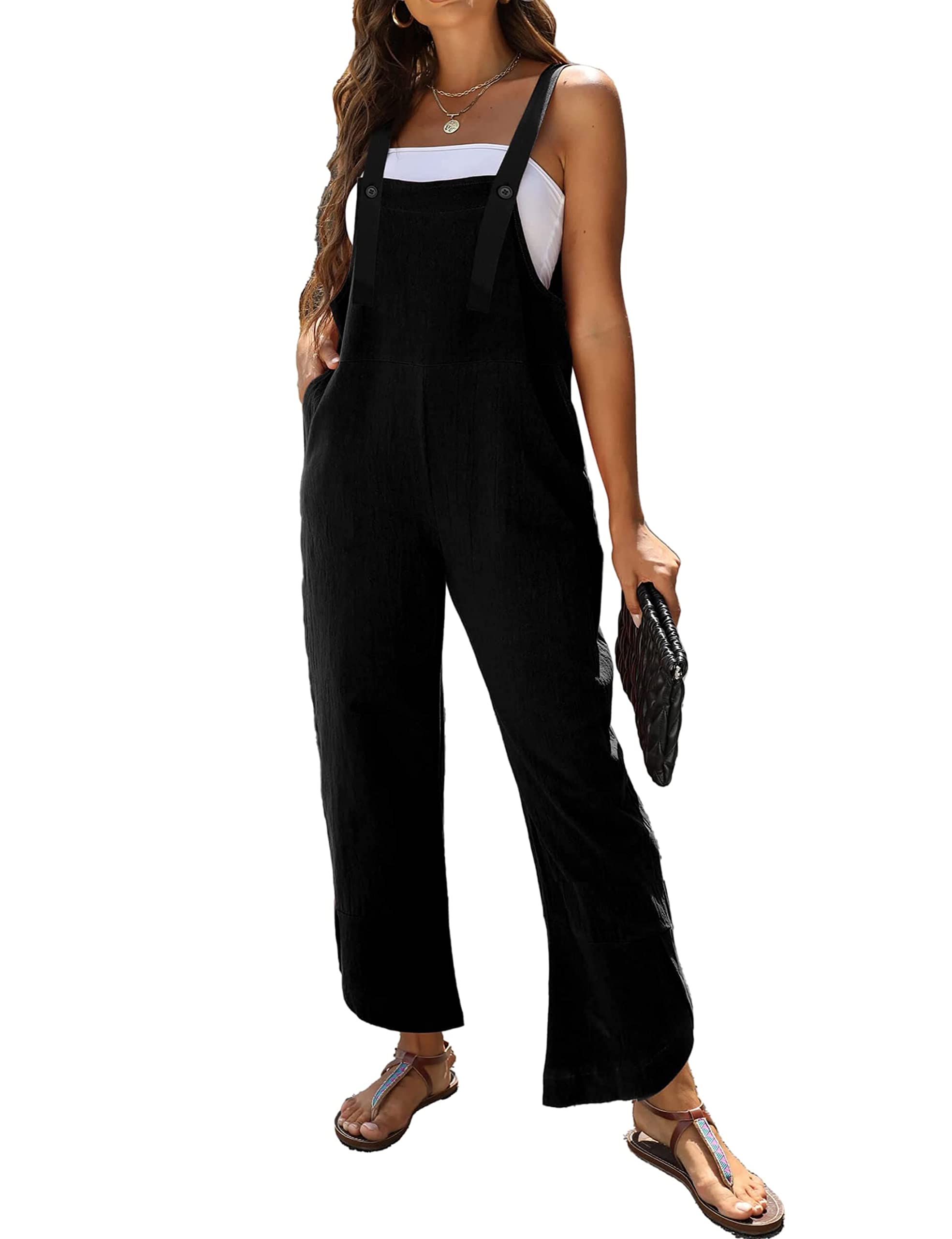 Daacee Womens Casual Black Cotton Linen Wide Leg Overalls Baggy Jumpsuit Rompers with Pockets(0002-Black-L)