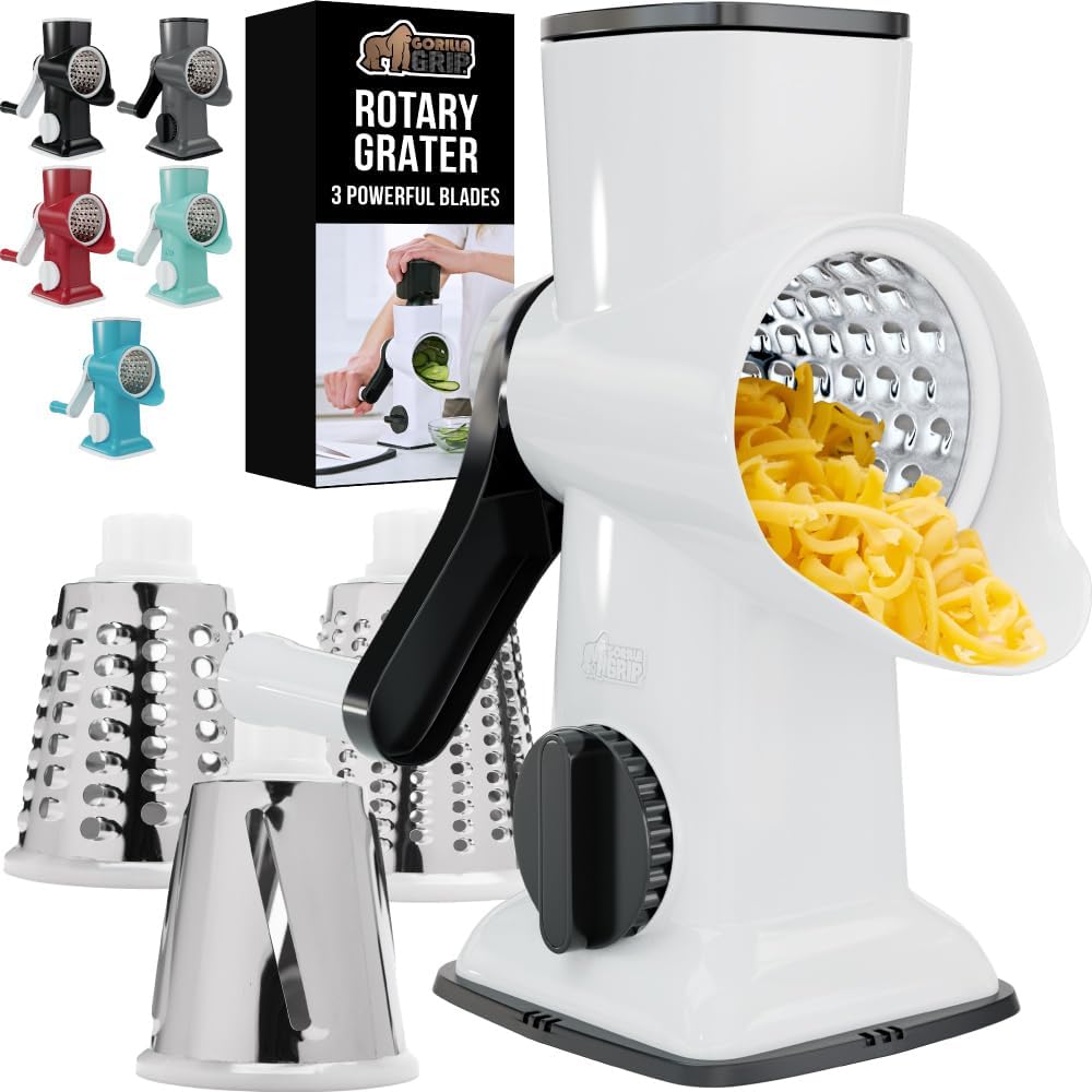 GORILLA GRIP BPA-Free Rotary Cheese Grater Hand Crank, Easy to Set Up, Strong Suction Base for Kitchen Countertop, Shred Potato, Vegetable, Nuts in Seconds, Round Mandoline Slicer, 3 Blades, White GORILLA GRIP BPA-Free Rotary Cheese Grater Hand Crank, Easy to Set Up, Strong Suction Base for Kitchen Countertop, Shred Potato, Vegetable, Nuts in Seconds, Round Mandoline Slicer, 3 Blades, White