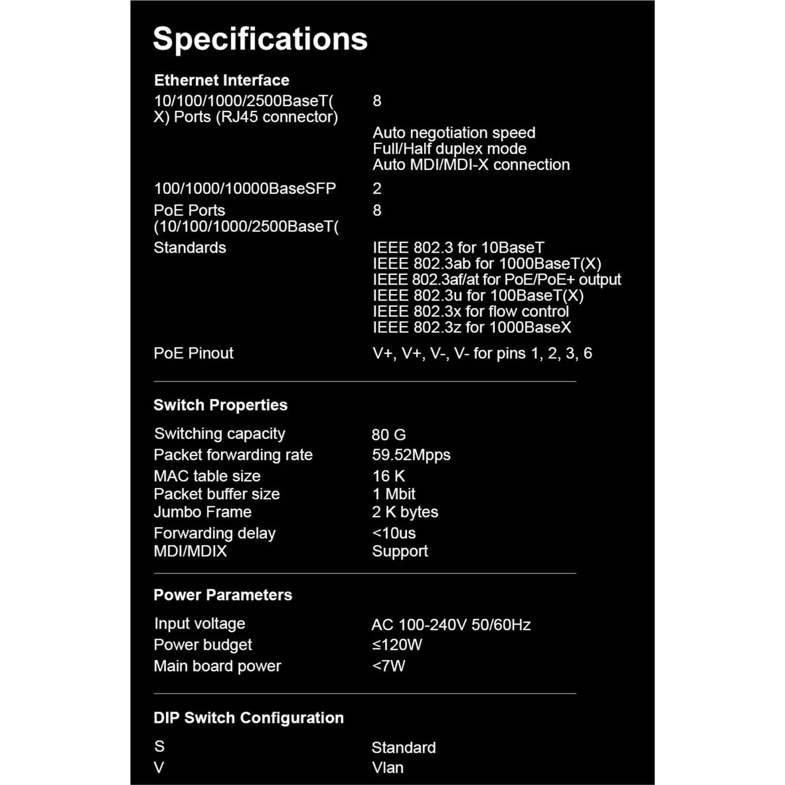 Commutateur Industriel Switch Ethernet Non géré Multi-gigabit à 10 Ports avec 8 Ports IEEE 802.3af/at PoE+ et 2 x 10 GB SFP+ for Liaison Montante(Switch with JP Adapter)