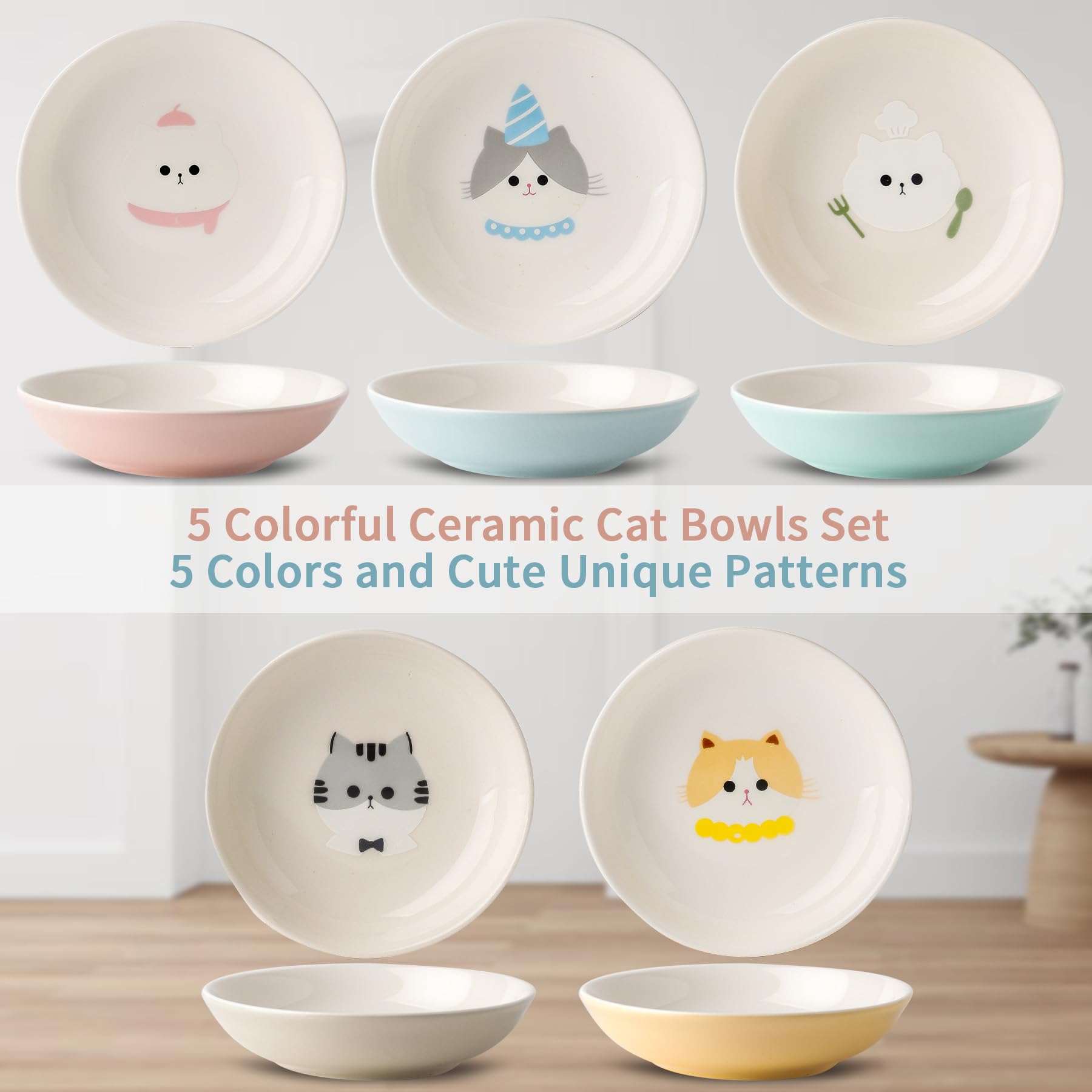 Juego de cuencos de cerámica para gatos, 5.5 pulgadas de ancho, aptos para la fatiga, 5 coloridos platos para gatos con bonito patrón de gato, platos para gatos para alimentos húmedos y secos