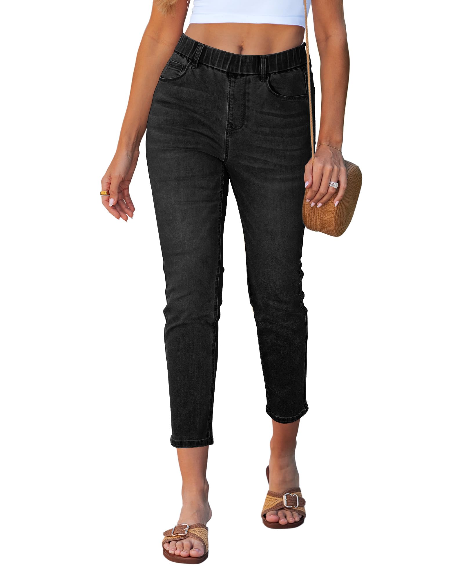 - Slim Straight Leg Jeans for Women Cropped High Waisted Pull On Elastic Waist Stretchy Denim Pants Trouser Jeans